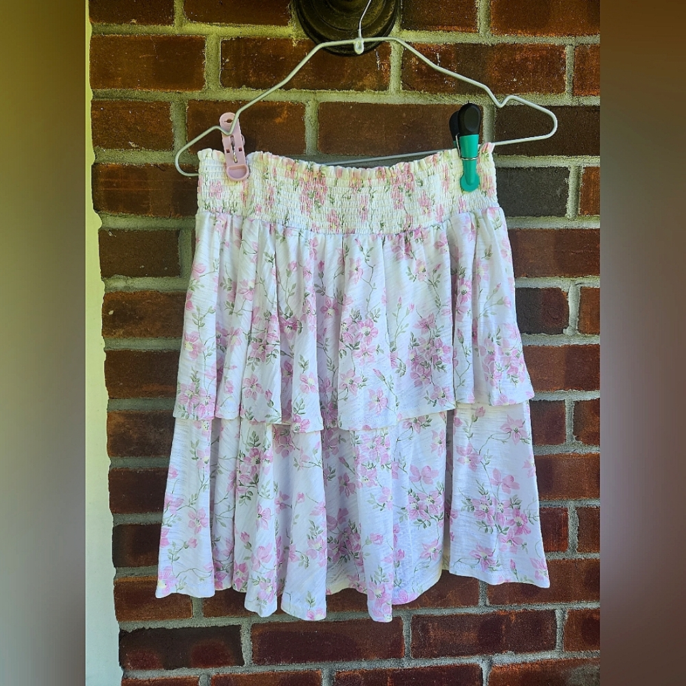 Goldie Lewinter White Pink Floral Mini Tiered Ruffle Skirt XS
